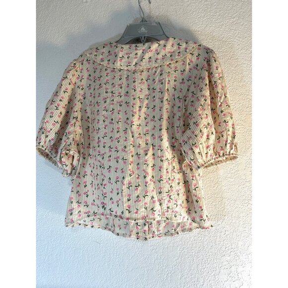 Sienna Sky Womens Top Crop Cream/Pink/Green Floral Short Sleeves V-Neck Collared - Picture 2 of 6